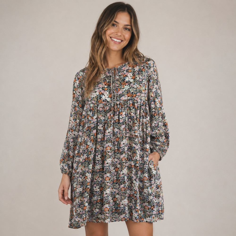 Natural Life Womens XS Black Floral Babydoll Mini Dress Long Sleeve Tassel Boho